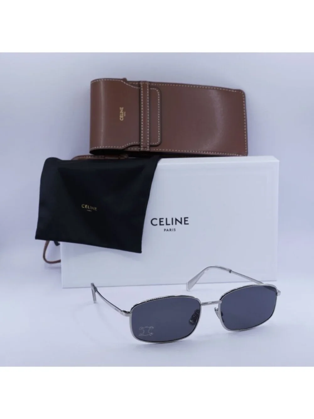 Celine CL40285U RHINESTONE TRIOMPHE 16A Rectangle Sunglasses - Palladium / Grey